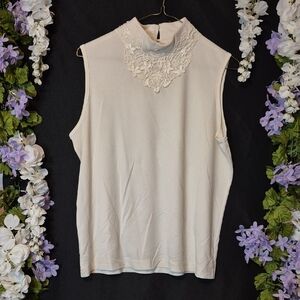 Sleeveless Mock Neck Tank with Lace Yoke - Cream